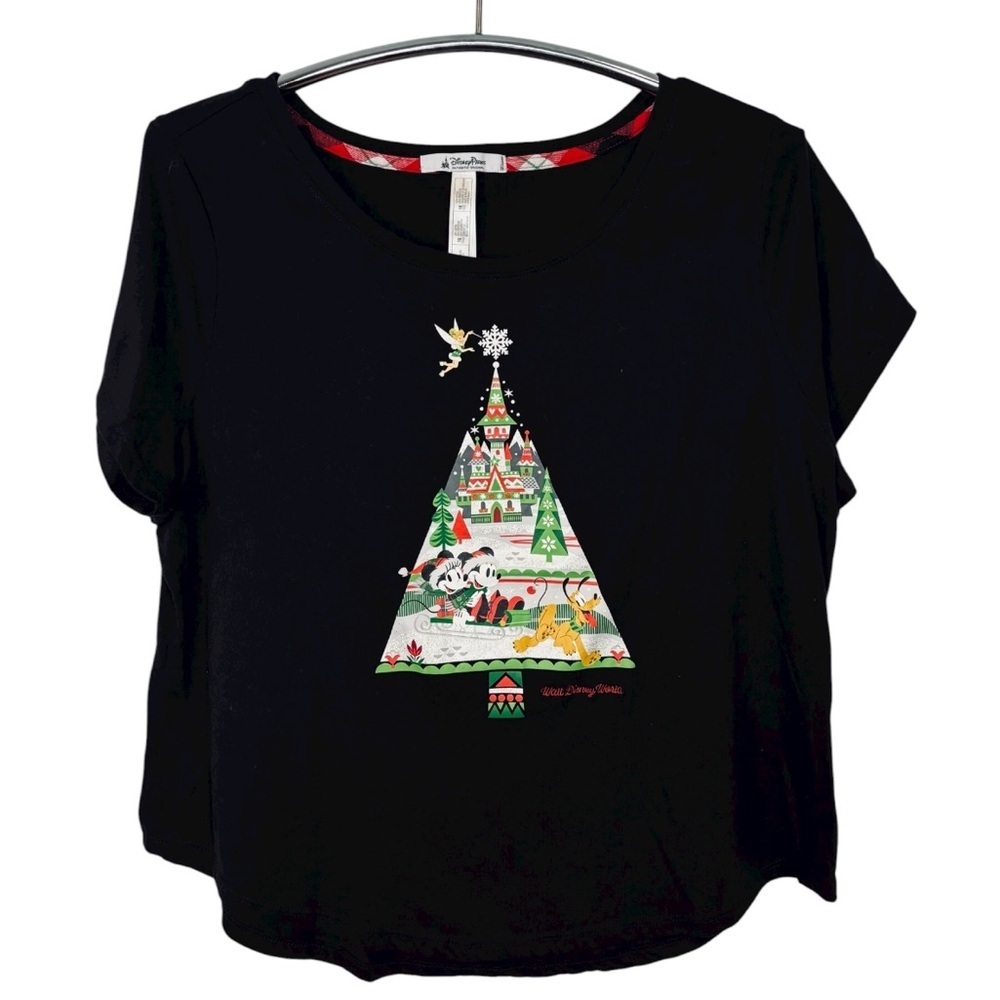 Disney Women’s Holiday Themed Christmas Tree Black T-Shirt with Red Trim